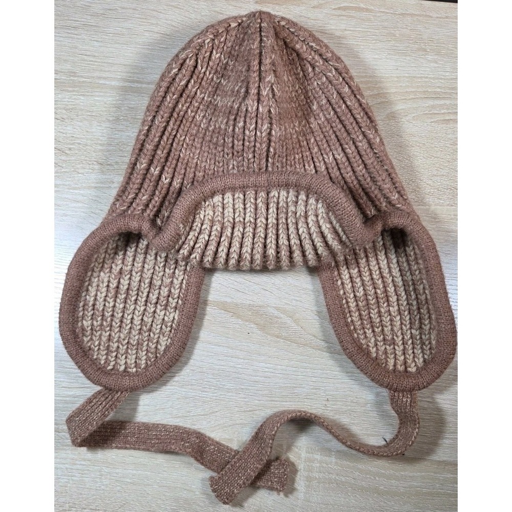 Anthropologie Chunky‎ Knit Trapper Hat Brown Beige Ear Flap Tie Winter